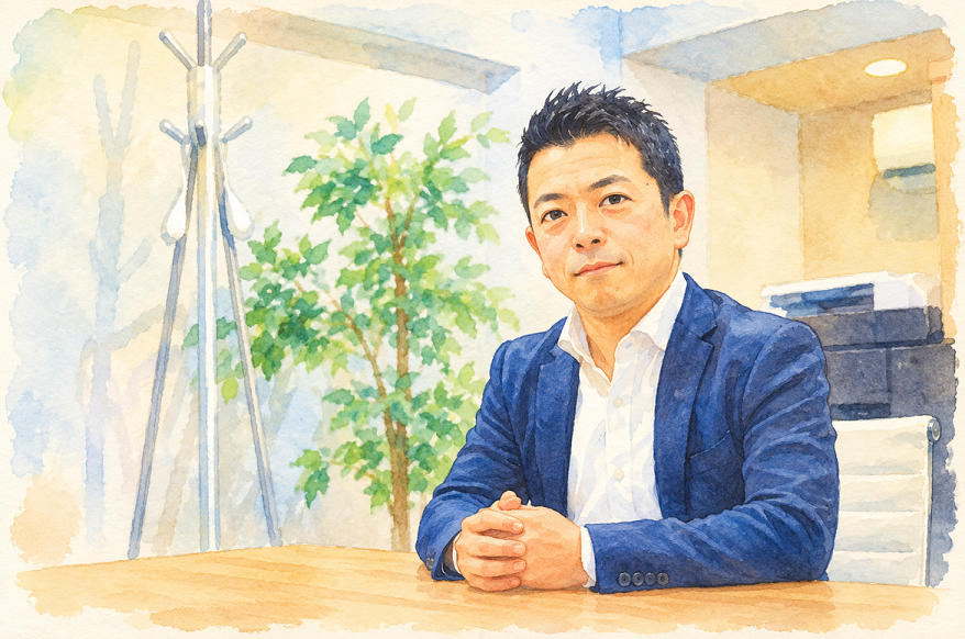 テーブルを挟んで穏やかに座る山口剛平のイラスト